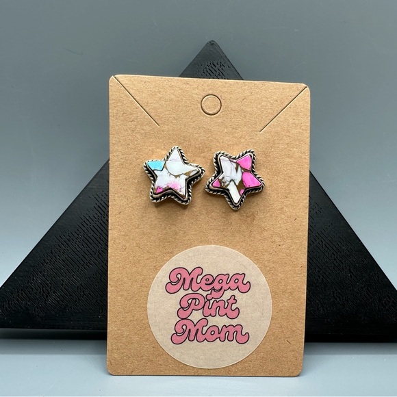 925 Sterling Silver Jewelry - ⭐️ Star-Shaped Cotton Candy Turquoise Sterling Silver 925 Handmade Earrings Star